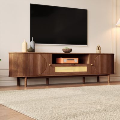 Meuble TV moderne 175x36x51 cm - 1 tiroir en rotin et 2 portes - Étagères ouvertes - Plateau rond - Marron