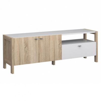 Meuble TV moderne 2 portes et 1 tiroir décor blanc et chêne - NORWAY