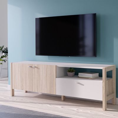 Meuble TV moderne 2 portes et 1 tiroir décor blanc et chêne - NORWAY