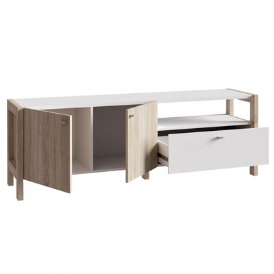 Meuble TV moderne 2 portes et 1 tiroir décor blanc et chêne - NORWAY