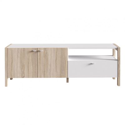 Meuble TV moderne 2 portes et 1 tiroir décor blanc et chêne - NORWAY