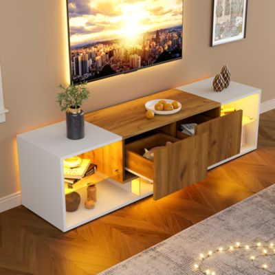 Meuble TV Moderne 3 Niveaux avec 2 Tiroirs, LED, Plateaux Verre, MDF, Blanc et Bois Naturel - 160x40x42 cm