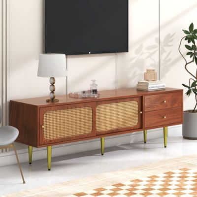 Meuble TV Moderne avec 2 Portes Coulissantes Effet Rotin et 2 Tiroirs, avec Pieds Métal et 4 Compartiments, Marron, 160x40x60 cm