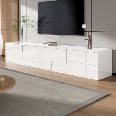 Meuble TV - Moderne Haute Brillance avec 3 Portes et 2 Tiroirs Sans Poignées - MDF et PB Blanc