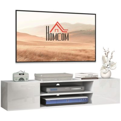 Meuble TV mural - banc TV flottant - 2 portes, 2 niches - dim. 140L x 30l x 30H cm - panneaux blanc laqué