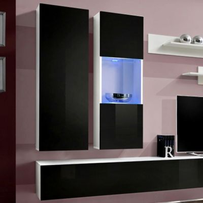 Meuble TV Mural Design "Fly V" 320cm Noir & Blanc
