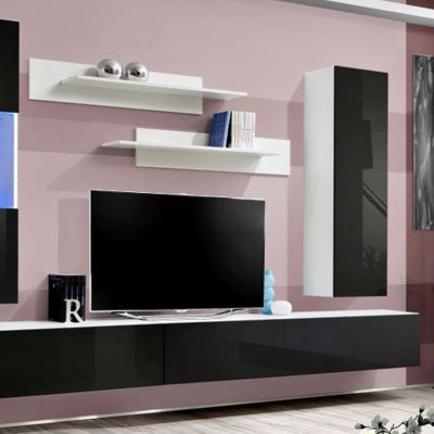 Meuble TV Mural Design "Fly V" 320cm Noir & Blanc