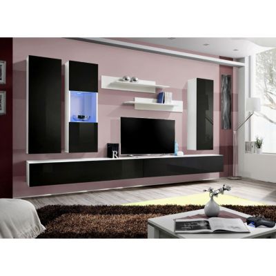 Meuble TV Mural Design "Fly V" 320cm Noir & Blanc