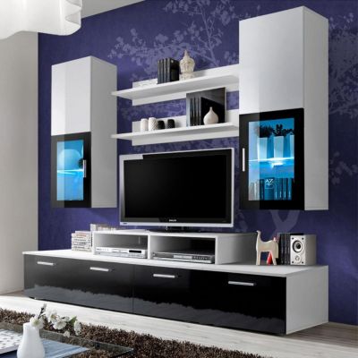 Meuble TV Mural Design "Mini" 200cm Noir & Blanc