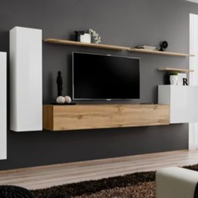 Meuble TV Mural Design "Switch I" 330cm Blanc & Naturel