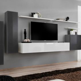 Meuble TV Mural Design "Switch I" 330cm Gris & Blanc