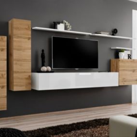 Meuble TV Mural Design "Switch I" 330cm Naturel & Blanc