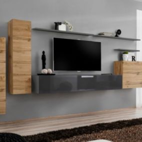 Meuble TV Mural Design "Switch I" 330cm Naturel & Gris