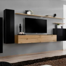 Meuble TV Mural Design "Switch I" 330cm Noir & Naturel