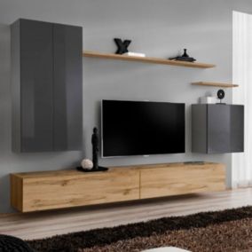 Meuble TV Mural Design "Switch II" 270cm Gris & Naturel