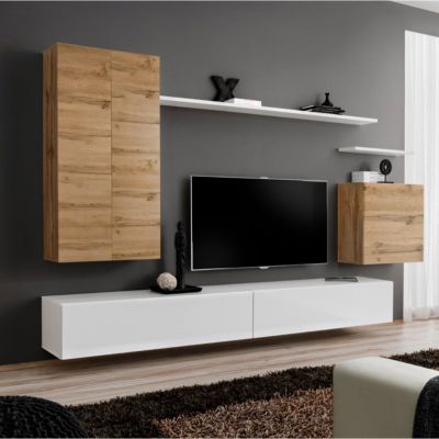 Meuble TV Mural Design "Switch II" 270cm Naturel & Blanc