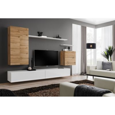 Meuble TV Mural Design "Switch II" 270cm Naturel & Blanc