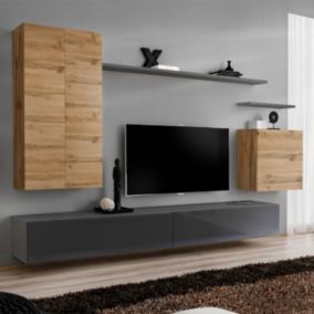 Meuble TV Mural Design "Switch II" 270cm Naturel & Gris