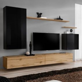 Meuble TV Mural Design "Switch II" 270cm Noir & Naturel