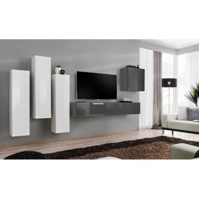 Meuble TV Mural Design "Switch III" 330cm Blanc & Gris