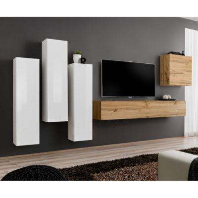 Meuble TV Mural Design "Switch III" 330cm Blanc & Naturel