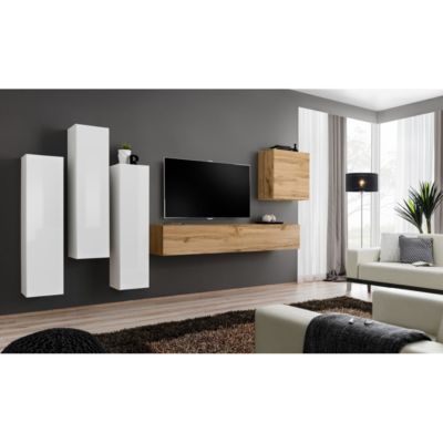 Meuble TV Mural Design "Switch III" 330cm Blanc & Naturel