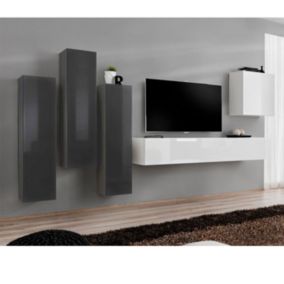 Meuble TV Mural Design "Switch III" 330cm Gris & Blanc