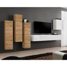 Meuble TV Mural Design "Switch III" 330cm Naturel & Blanc