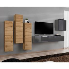 Meuble TV Mural Design "Switch III" 330cm Naturel & Gris