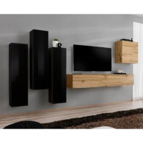 Meuble TV Mural Design "Switch III" 330cm Noir & Naturel