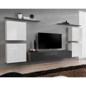 Meuble TV Mural Design "Switch IV" 320cm Blanc & Gris