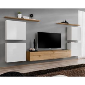 Meuble TV Mural Design "Switch IV" 320cm Blanc & Naturel