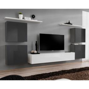 Meuble TV Mural Design "Switch IV" 320cm Gris & Blanc