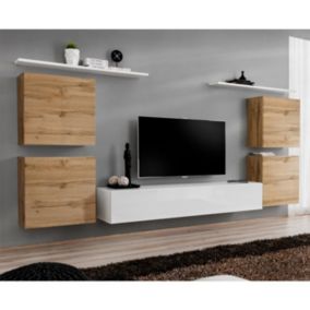 Meuble TV Mural Design "Switch IV" 320cm Naturel & Blanc