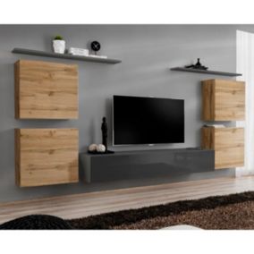 Meuble TV Mural Design "Switch IV" 320cm Naturel & Gris