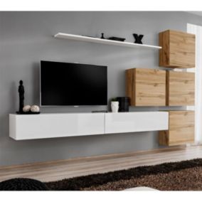 Meuble TV Mural Design "Switch IX" 310cm Blanc & Naturel