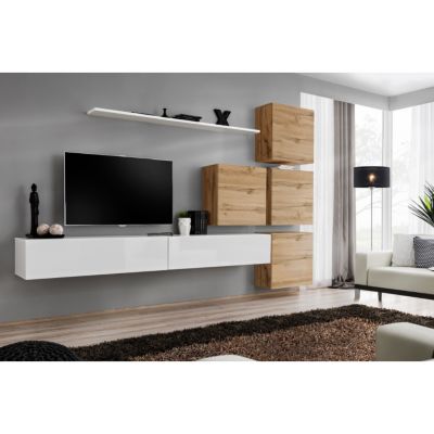 Meuble TV Mural Design "Switch IX" 310cm Blanc & Naturel