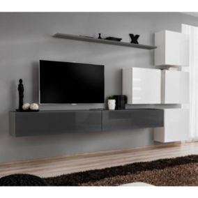 Meuble TV Mural Design "Switch IX" 310cm Gris & Blanc