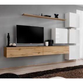 Meuble TV Mural Design "Switch IX" 310cm Naturel & Blanc