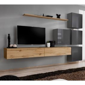 Meuble TV Mural Design "Switch IX" 310cm Naturel & Gris