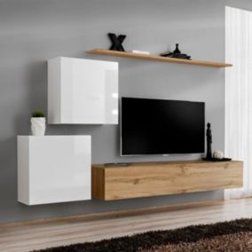 Meuble TV Mural Design "Switch V" 250cm Blanc & Naturel