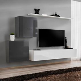 Meuble TV Mural Design "Switch V" 250cm Gris & Blanc