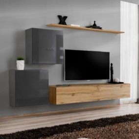 Meuble TV Mural Design "Switch V" 250cm Gris & Naturel