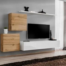 Meuble TV Mural Design "Switch V" 250cm Naturel & Blanc