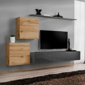 Meuble TV Mural Design "Switch V" 250cm Naturel & Gris