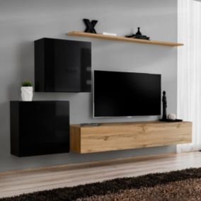 Meuble TV Mural Design "Switch V" 250cm Noir & Naturel