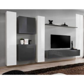 Meuble TV Mural Design "Switch VI" 330cm Gris & Blanc