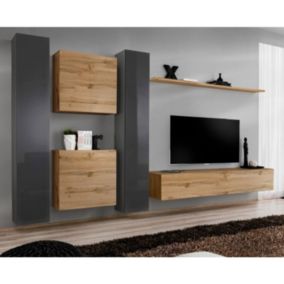 Meuble TV Mural Design "Switch VI" 330cm Gris & Naturel