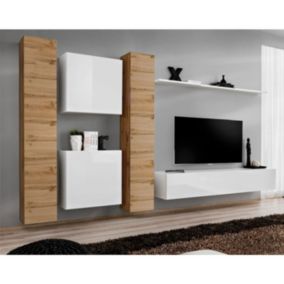 Meuble TV Mural Design "Switch VI" 330cm Naturel & Blanc