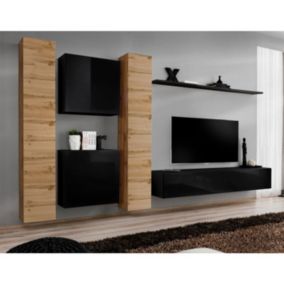 Meuble TV Mural Design "Switch VI" 330cm Naturel & Noir